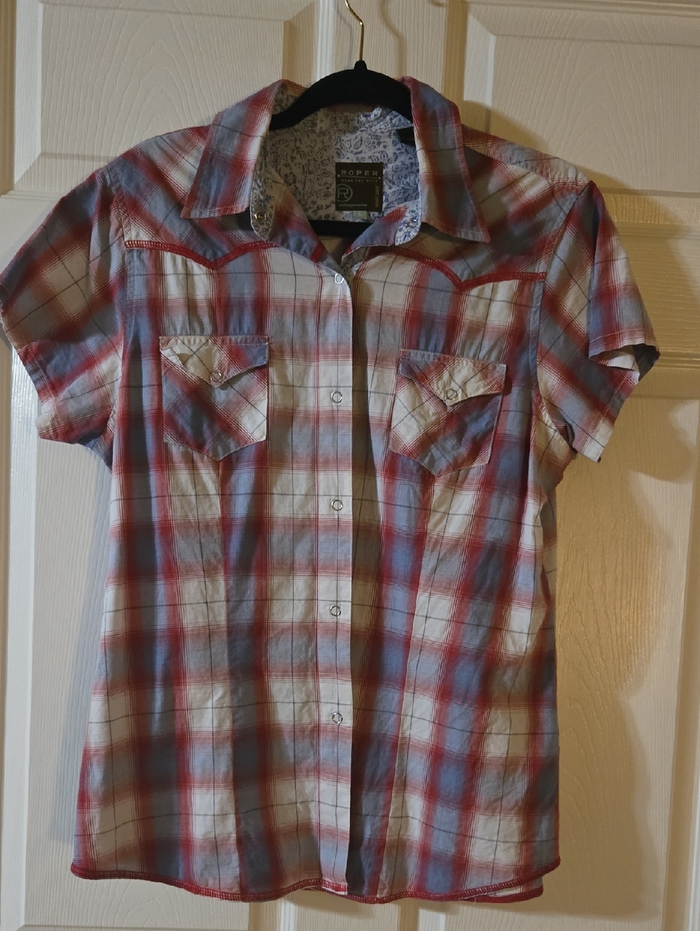 Roper Womens  Red, Blue & White Plaid Short-Sleeve Western Snap-Front Closure L